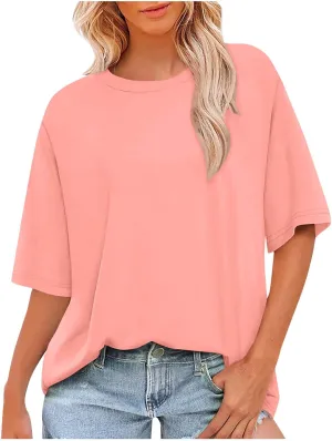 Summer Women's Solid Color Crewneck Short Sleeve T Shirts Top Casual Fashion Loose Tops Comfy Outting Daily Tops