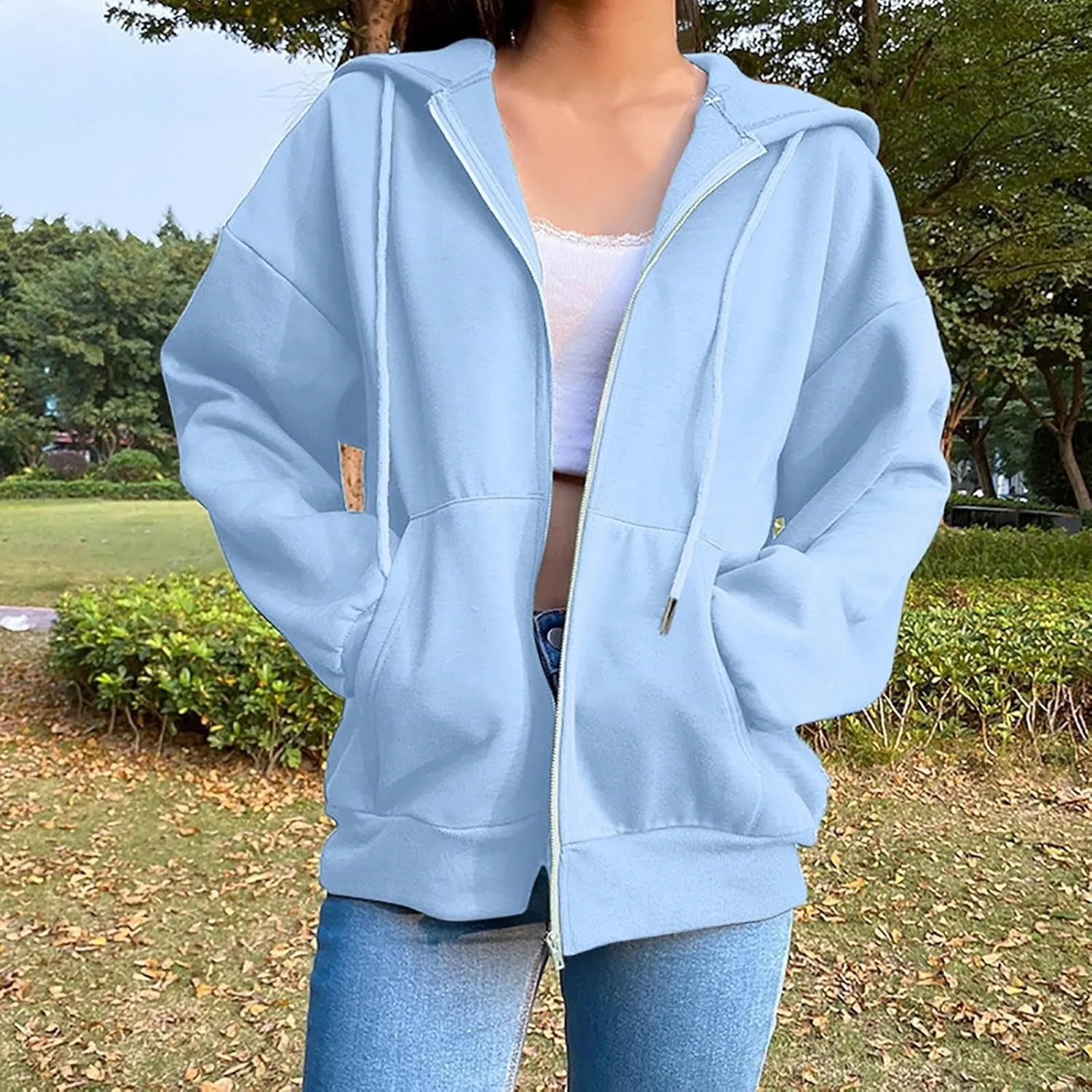 Sweatshirt for Women Cropped Zip Up Hoodie Long Sleeve Shirts Cute Plain Sweatshirt Baggy Hoodie Trendy Tops
