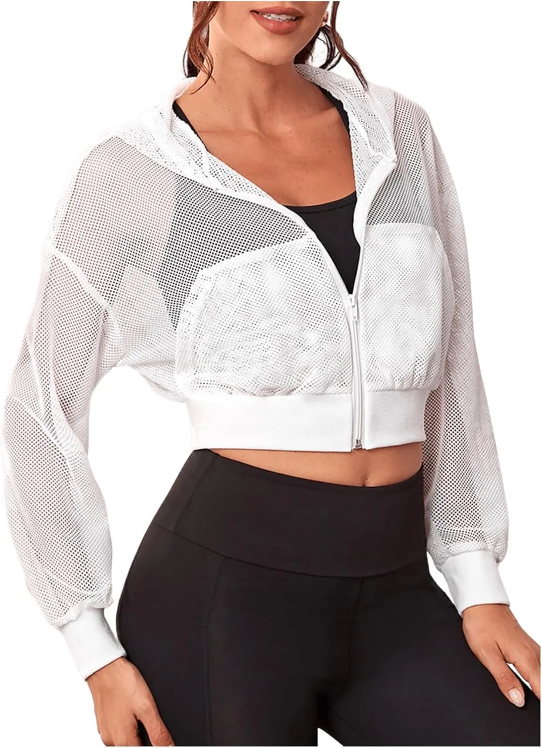 SweatyRocks Women's Activewear Hollow Out Mesh Full Zip Hoodie Jacket Crop Top with Pockets