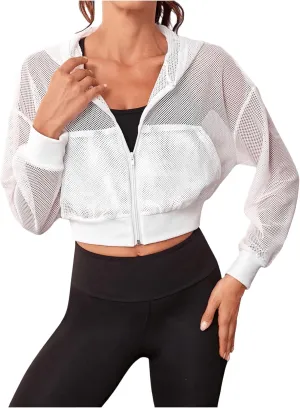 SweatyRocks Women's Activewear Hollow Out Mesh Full Zip Hoodie Jacket Crop Top with Pockets