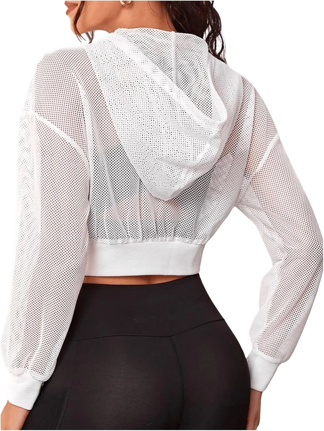 SweatyRocks Women's Activewear Hollow Out Mesh Full Zip Hoodie Jacket Crop Top with Pockets