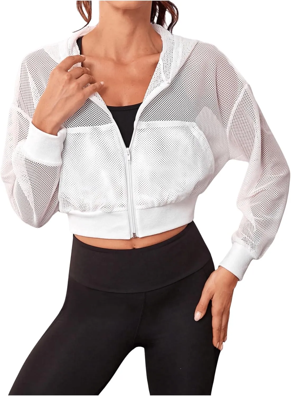SweatyRocks Women's Activewear Hollow Out Mesh Full Zip Hoodie Jacket Crop Top with Pockets