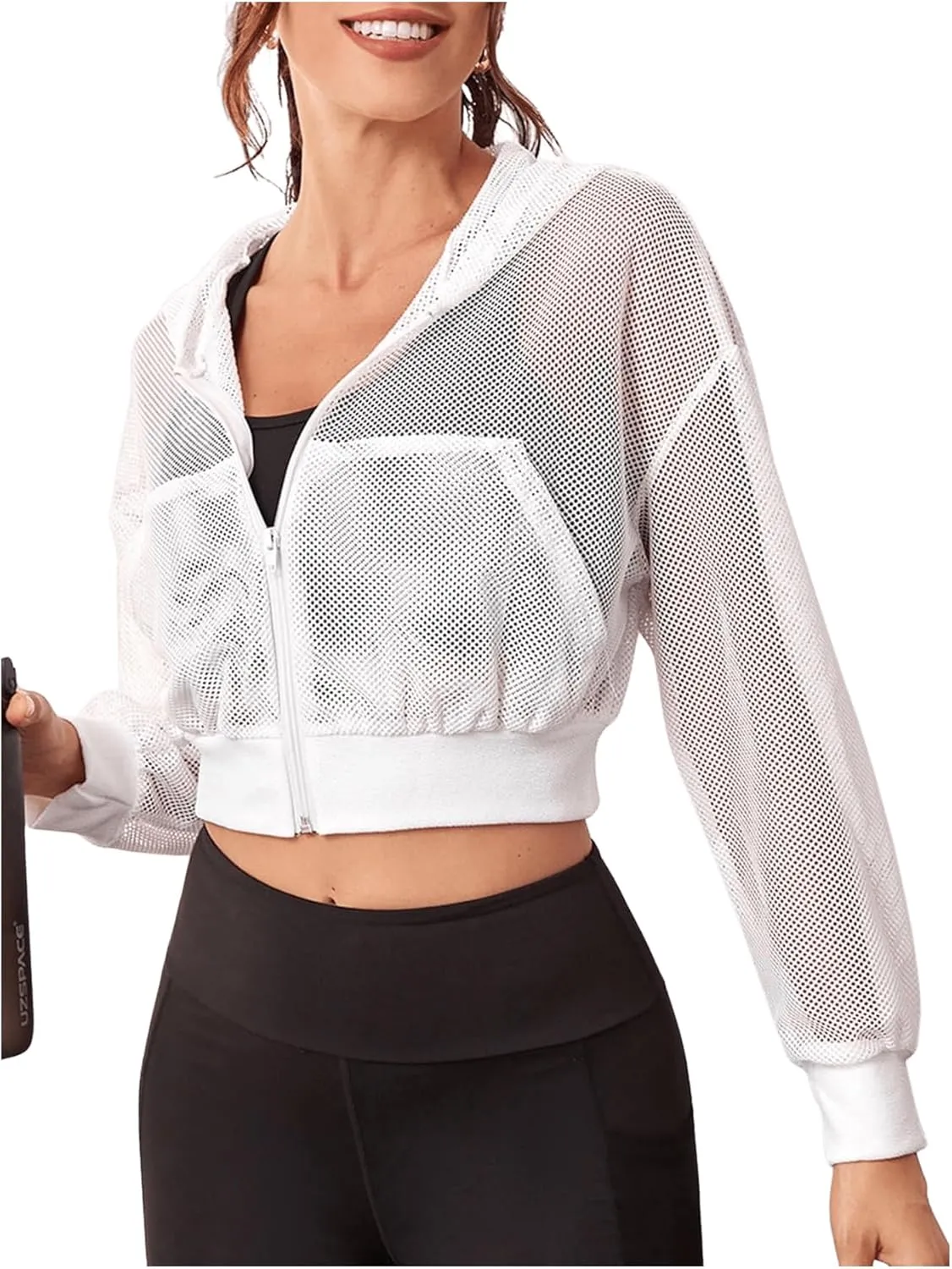 SweatyRocks Women's Activewear Hollow Out Mesh Full Zip Hoodie Jacket Crop Top with Pockets