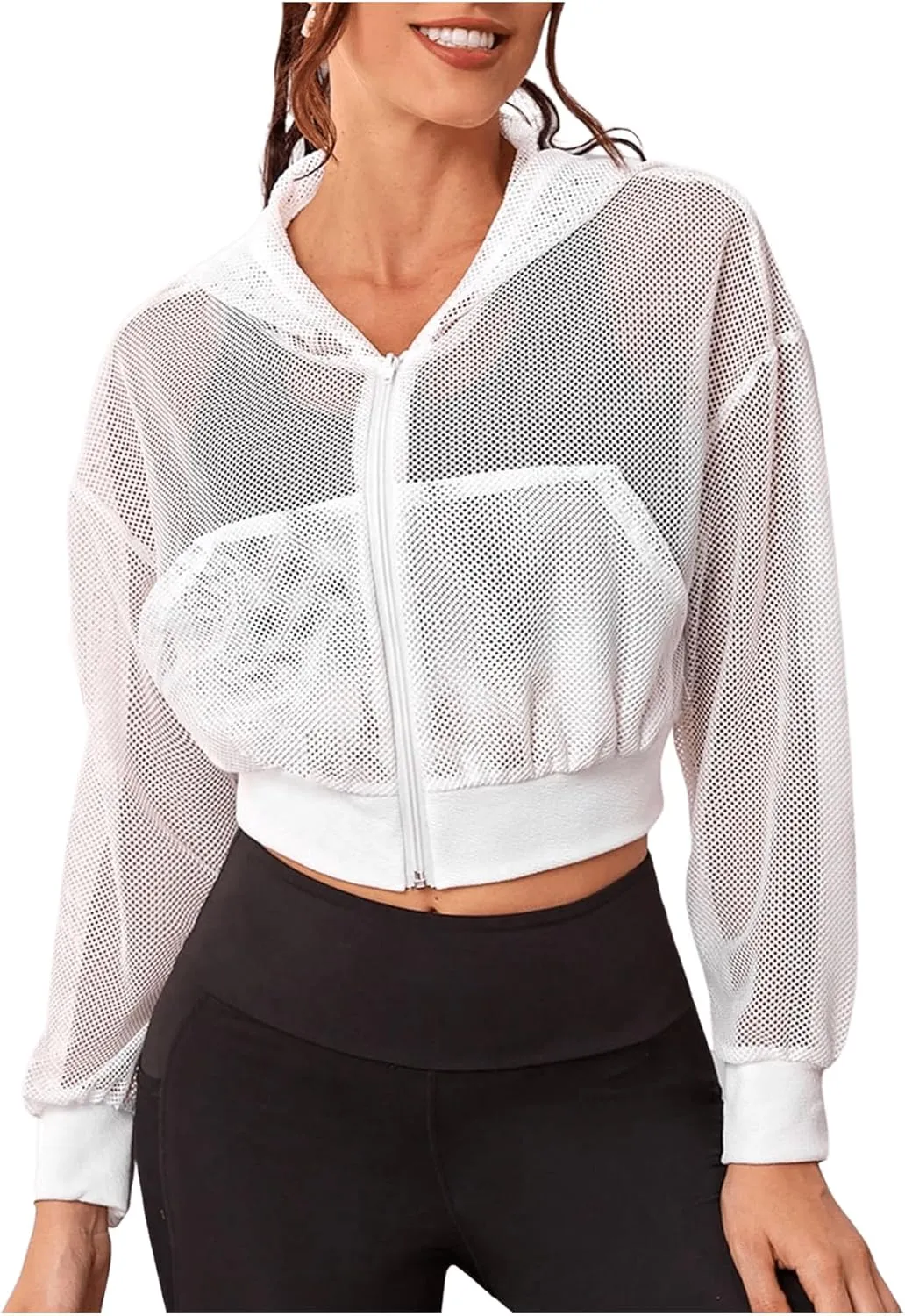SweatyRocks Women's Activewear Hollow Out Mesh Full Zip Hoodie Jacket Crop Top with Pockets