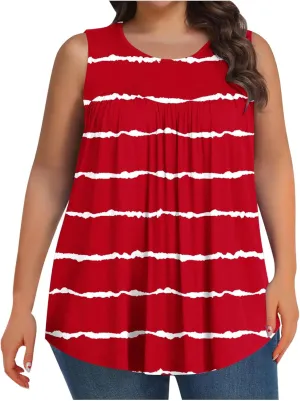 Tank Top for Women's Plus Size Floral Printed Sleeveless Tops Loose Fit Casual Pleated Crewneck Blouses Trendy Tshirts