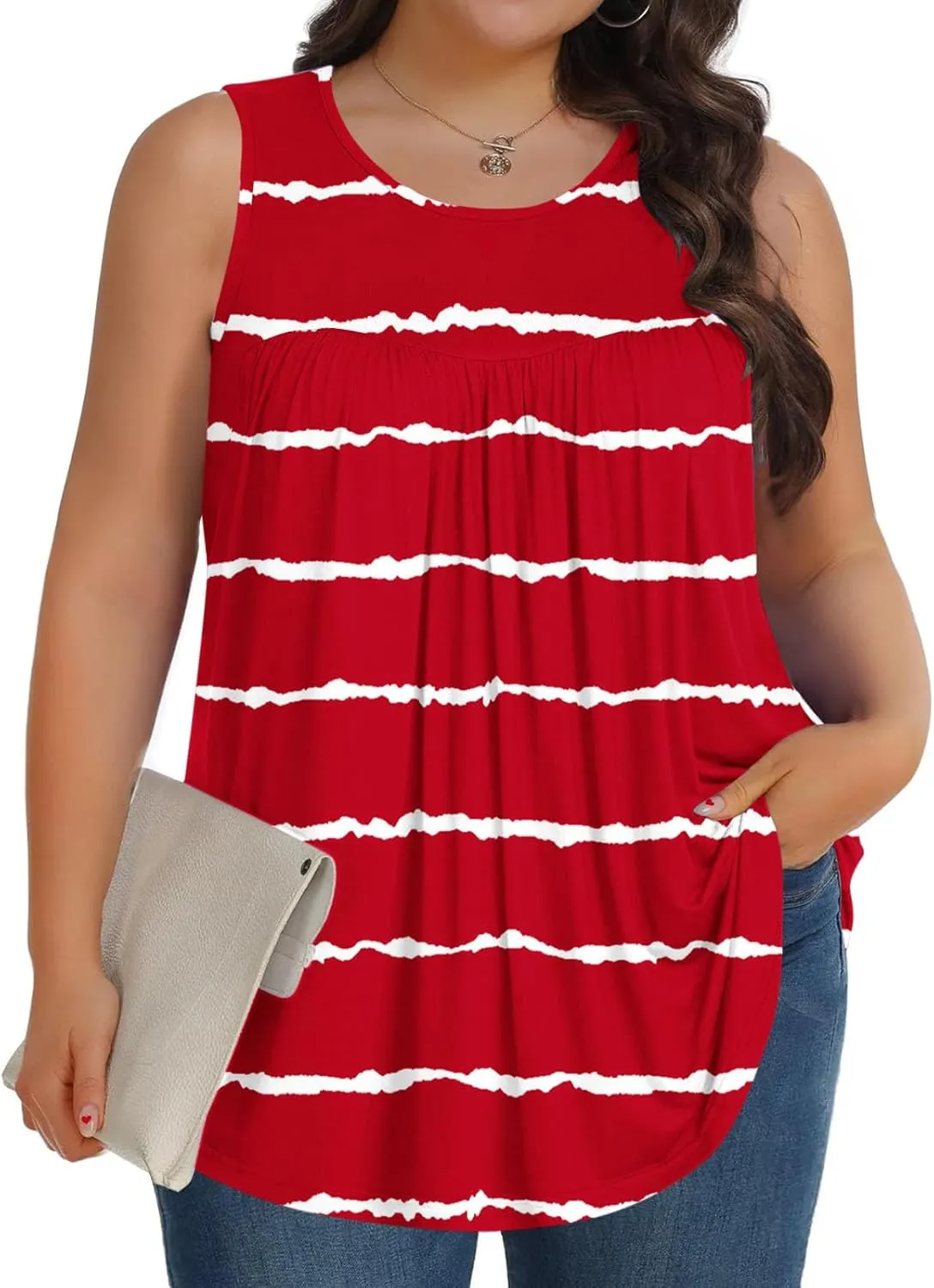 Tank Top for Women's Plus Size Floral Printed Sleeveless Tops Loose Fit Casual Pleated Crewneck Blouses Trendy Tshirts