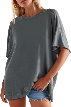 Tankaneo Women Oversized Short Sleeve Tops Summer Crew Neck T Shirts Casual Loose Fit Blouse Tunic Tops