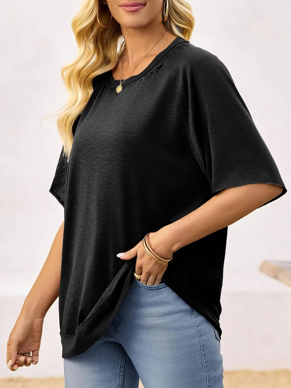 Tankaneo Women Oversized Short Sleeve Tops Summer Crew Neck T Shirts Casual Loose Fit Blouse Tunic Tops