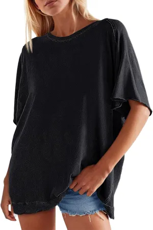 Tankaneo Women Oversized Short Sleeve Tops Summer Crew Neck T Shirts Casual Loose Fit Blouse Tunic Tops