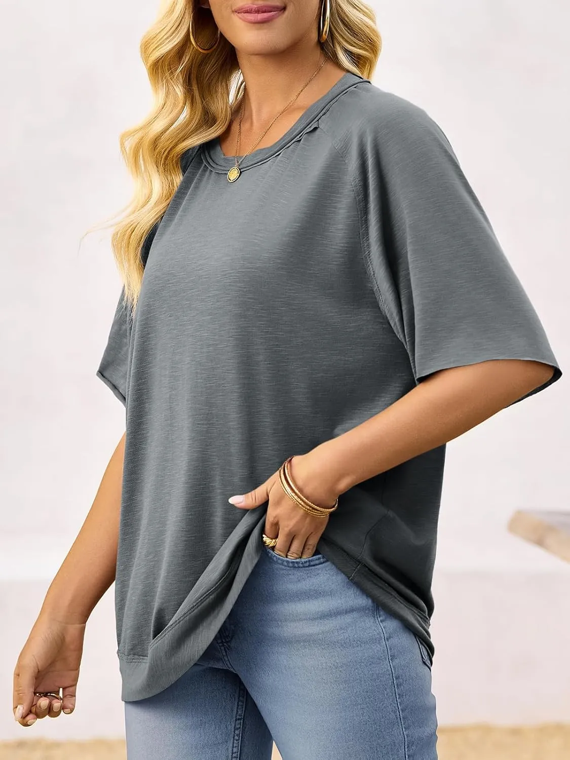 Tankaneo Women Oversized Short Sleeve Tops Summer Crew Neck T Shirts Casual Loose Fit Blouse Tunic Tops