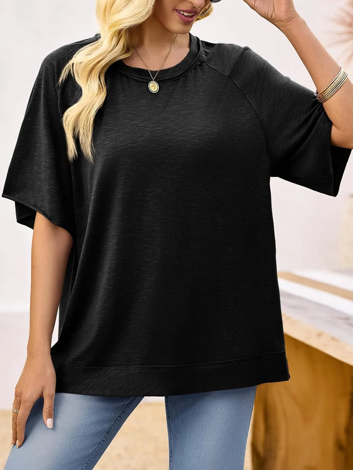 Tankaneo Women Oversized Short Sleeve Tops Summer Crew Neck T Shirts Casual Loose Fit Blouse Tunic Tops