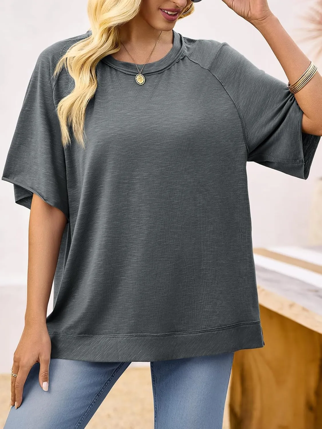Tankaneo Women Oversized Short Sleeve Tops Summer Crew Neck T Shirts Casual Loose Fit Blouse Tunic Tops