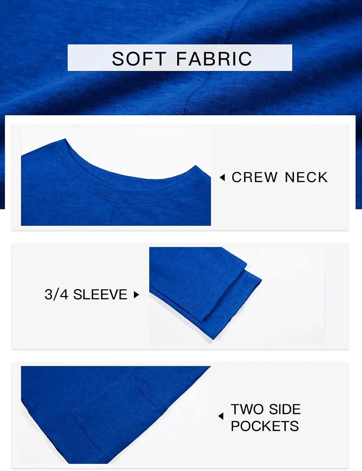 Tankaneo Womens Oversized T Shirts 3/4 Sleeve Length Tops Crew Neck Casual Cotton Tunic Tops with Pockets