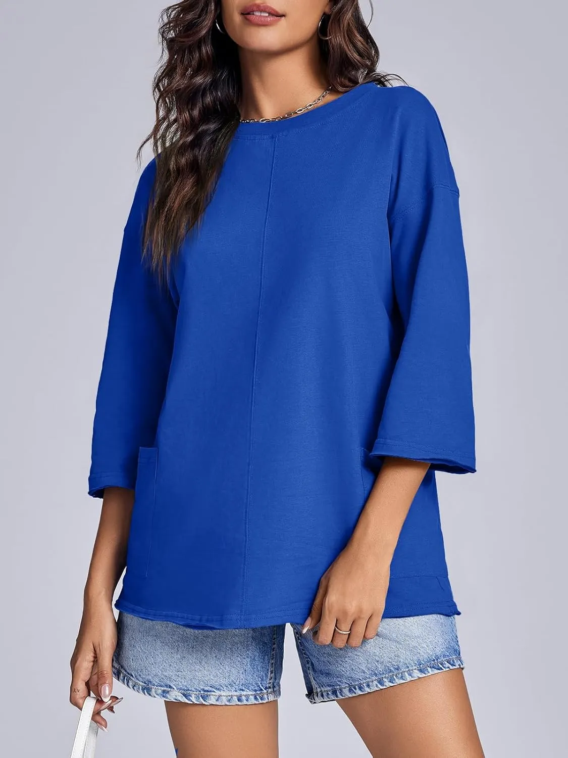 Tankaneo Womens Oversized T Shirts 3/4 Sleeve Length Tops Crew Neck Casual Cotton Tunic Tops with Pockets