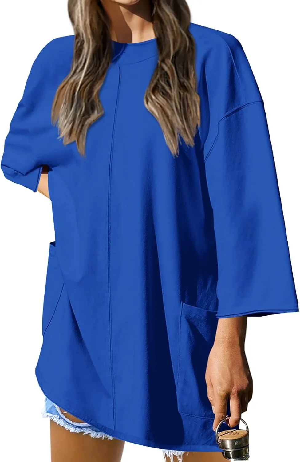 Tankaneo Womens Oversized T Shirts 3/4 Sleeve Length Tops Crew Neck Casual Cotton Tunic Tops with Pockets