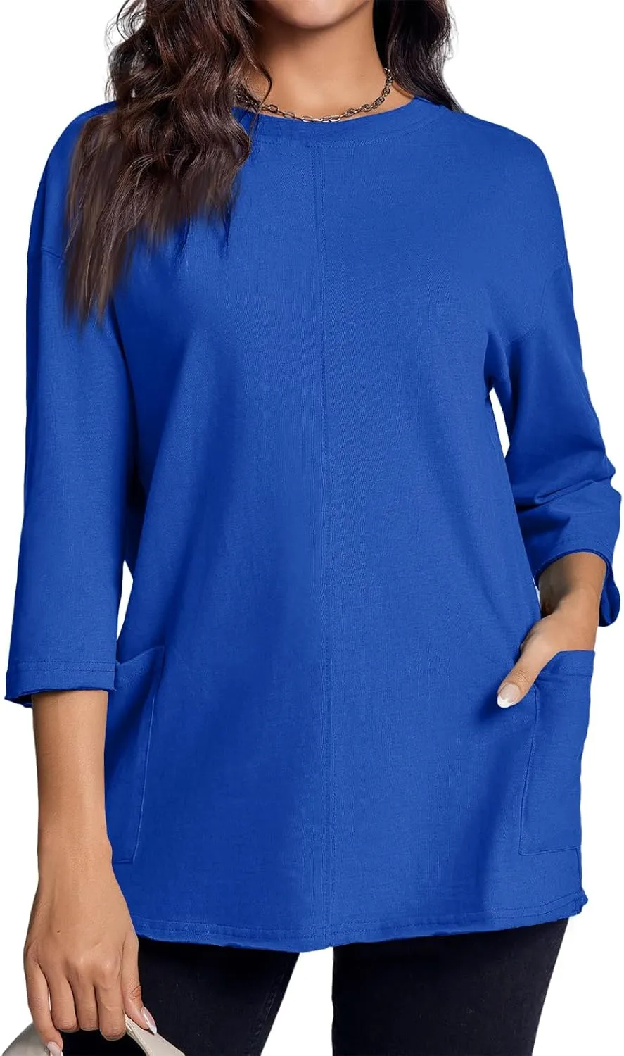 Tankaneo Womens Oversized T Shirts 3/4 Sleeve Length Tops Crew Neck Casual Cotton Tunic Tops with Pockets