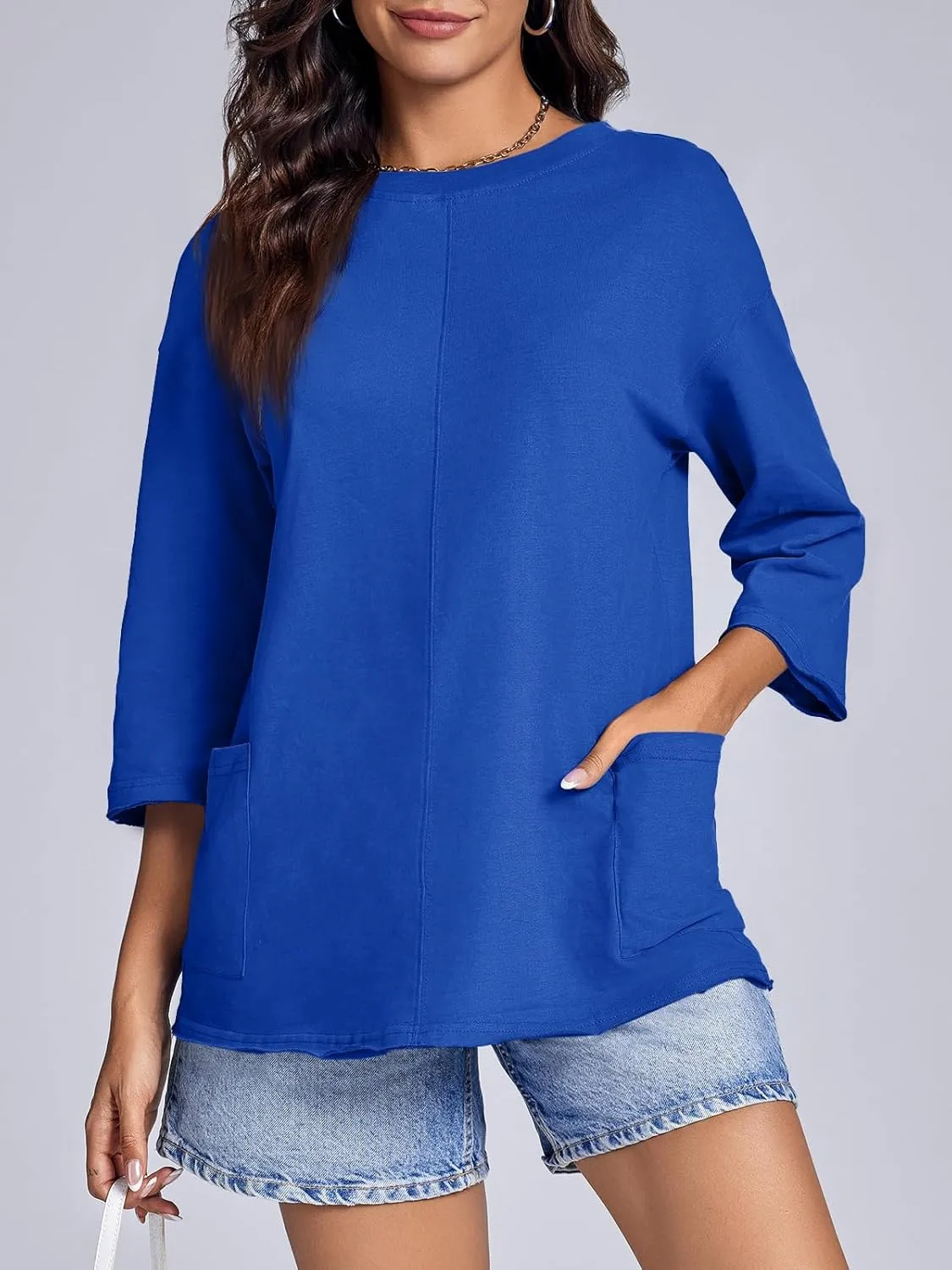 Tankaneo Womens Oversized T Shirts 3/4 Sleeve Length Tops Crew Neck Casual Cotton Tunic Tops with Pockets