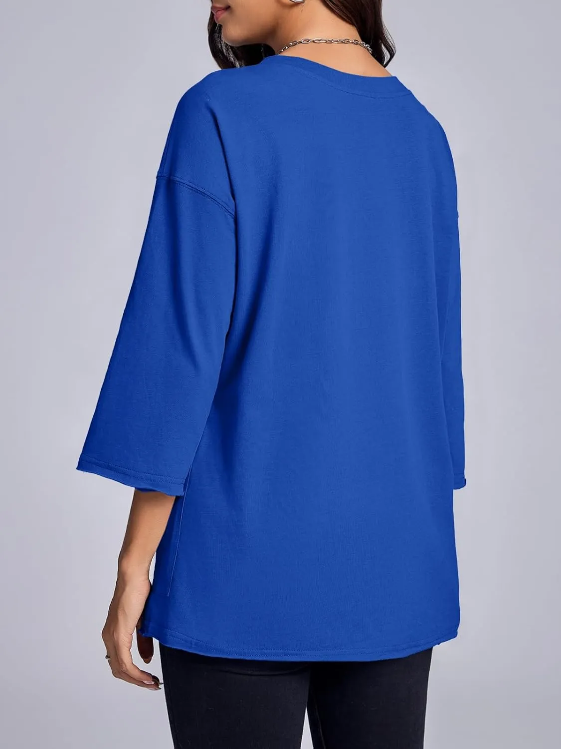 Tankaneo Womens Oversized T Shirts 3/4 Sleeve Length Tops Crew Neck Casual Cotton Tunic Tops with Pockets