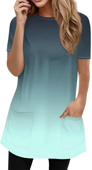 Trendy Short Sleeve Crewneck T Shirts Summer Plus Size Tunics or Tops to Wear with Leggings Casual Floral Blouses