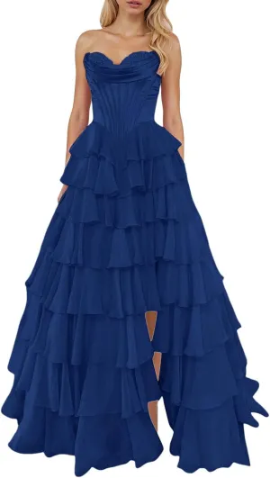 Tulle Floral Print Prom Dress Long Ball Gown Tiered Formal Dress Strapless Sweetheart Evening Gown with Pockets
