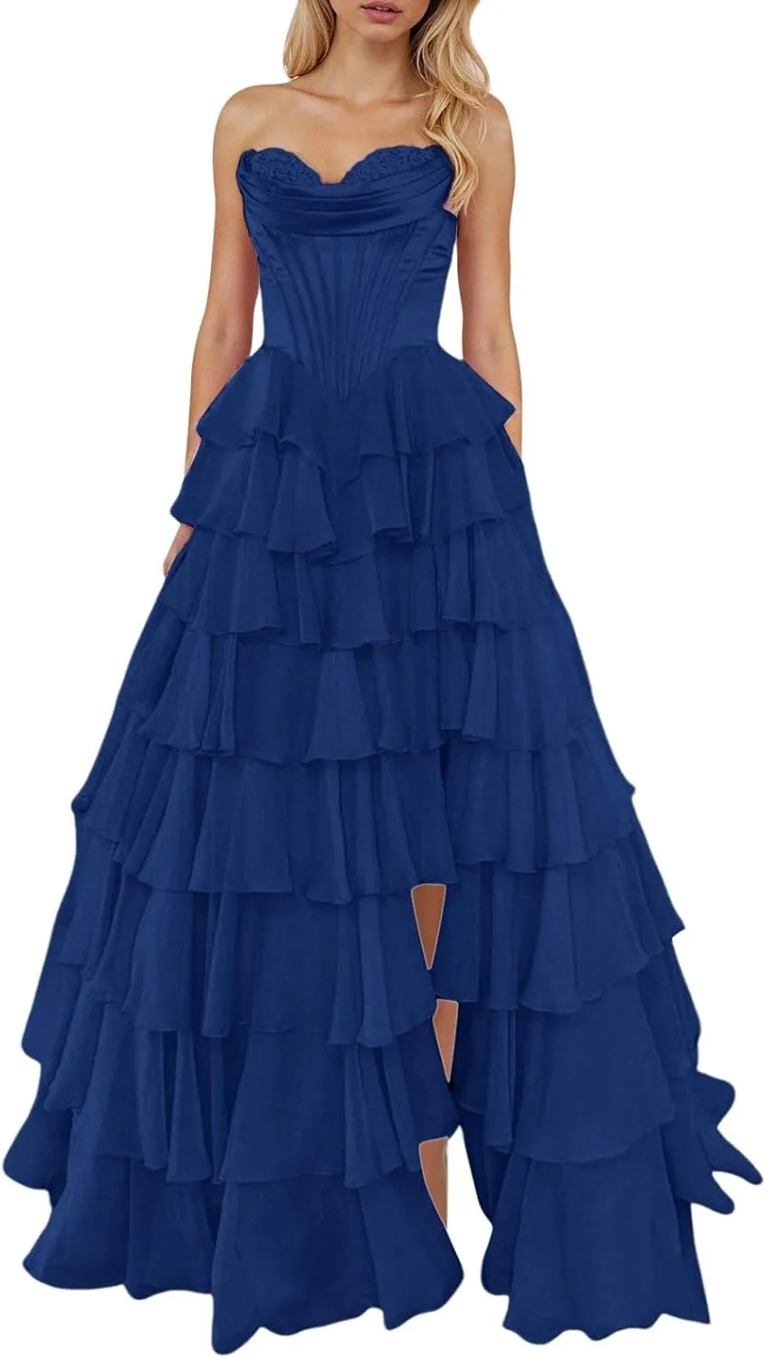 Tulle Floral Print Prom Dress Long Ball Gown Tiered Formal Dress Strapless Sweetheart Evening Gown with Pockets