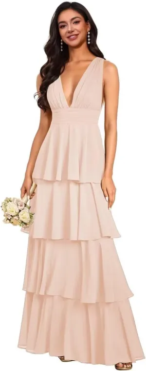 V Neck Bridesmaid Dresses 2025 Chiffon Tiered Ruffles Long Prom Dresses A Line Formal Evening Dresses
