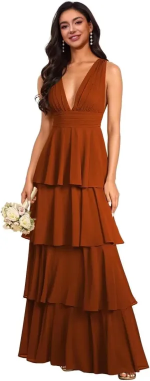 V Neck Bridesmaid Dresses 2025 Chiffon Tiered Ruffles Long Prom Dresses A Line Formal Evening Dresses