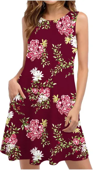 Vacation Dresses for Women 2024 Printed Sleeveless Round Neck Short Dresses Knee Length Dual Pockets Flowy Dresses