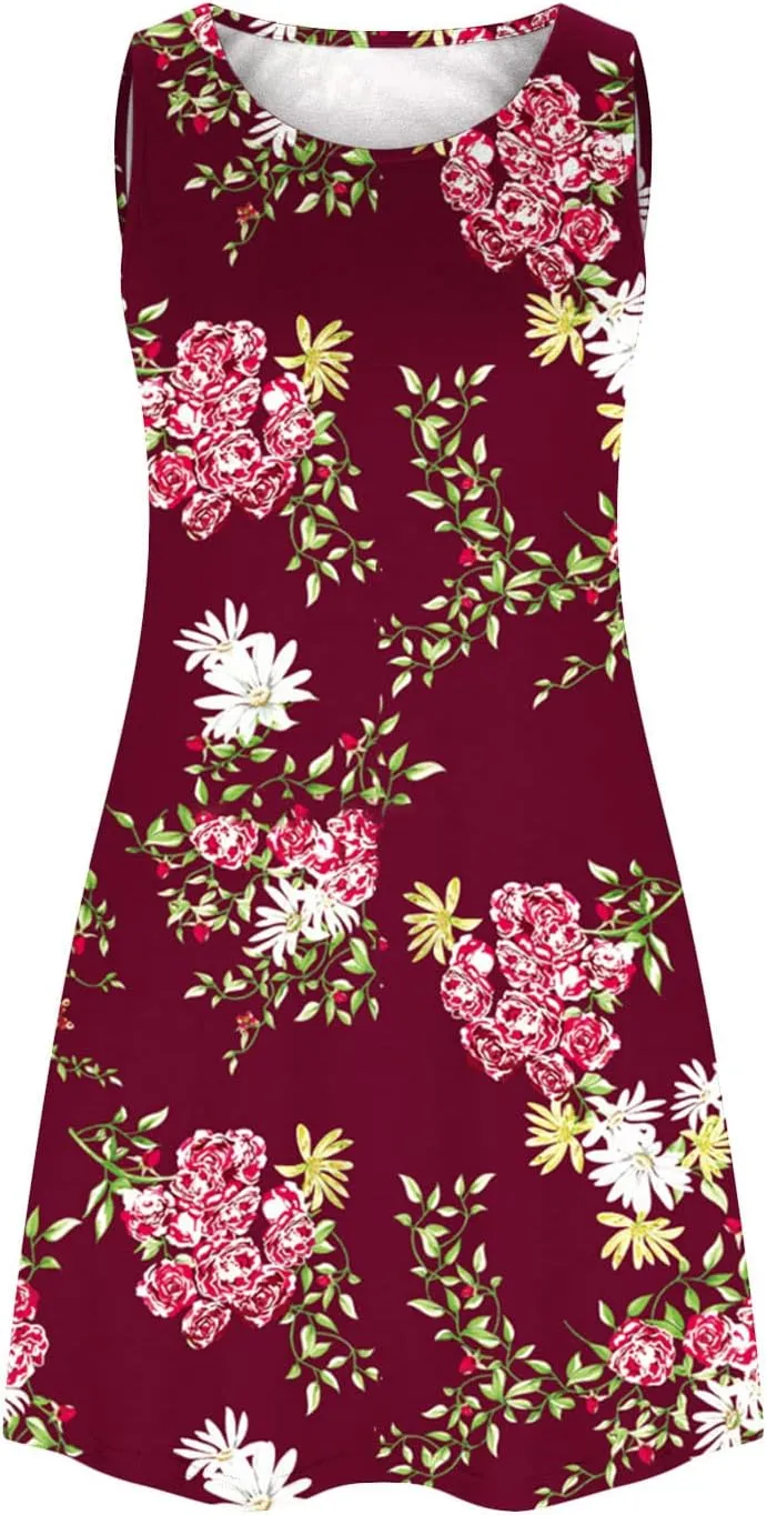 Vacation Dresses for Women 2024 Printed Sleeveless Round Neck Short Dresses Knee Length Dual Pockets Flowy Dresses