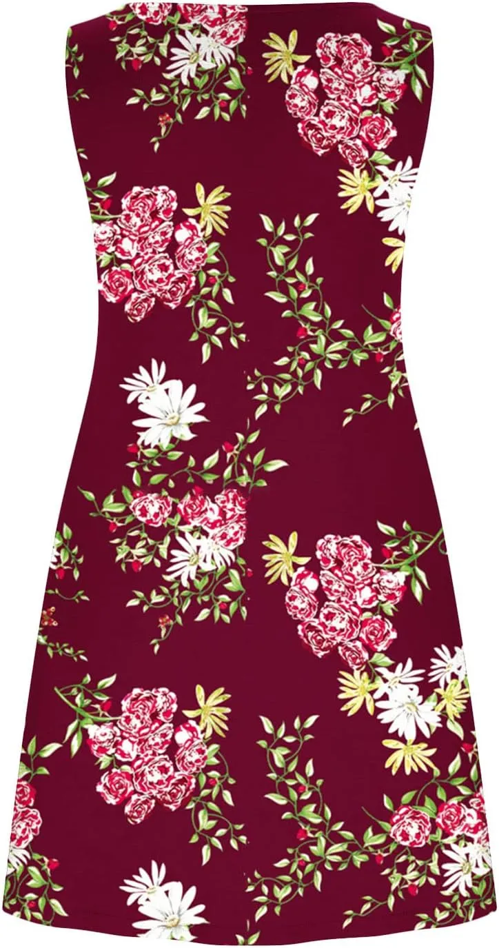 Vacation Dresses for Women 2024 Printed Sleeveless Round Neck Short Dresses Knee Length Dual Pockets Flowy Dresses