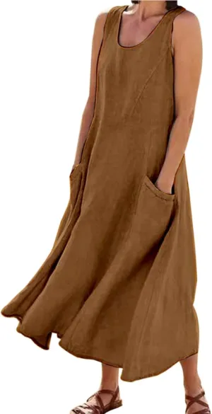 Vintage Dress for Women Comfy Beach Plus Size Linen Tank Square Neck Midi Dress with Pockets Flowy Teacher Outfits for Women