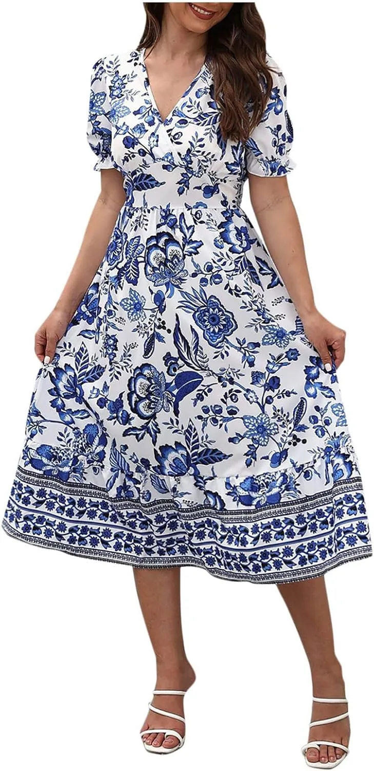 Vintage Floral Print Beach Dress for Women Summer Casual V Neck Puff Sleeve Flowy Hem Going Out A-Line Dresses