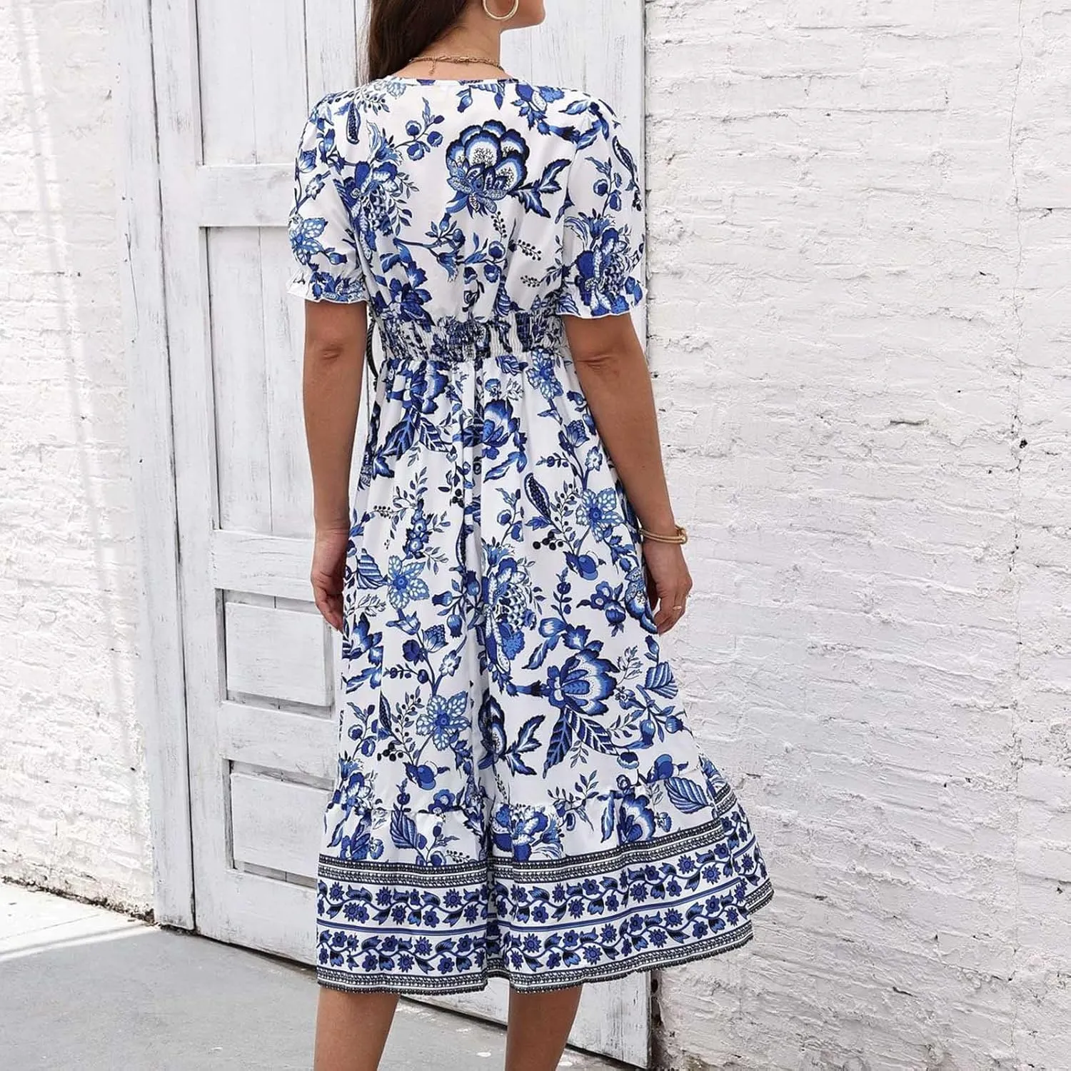 Vintage Floral Print Beach Dress for Women Summer Casual V Neck Puff Sleeve Flowy Hem Going Out A-Line Dresses