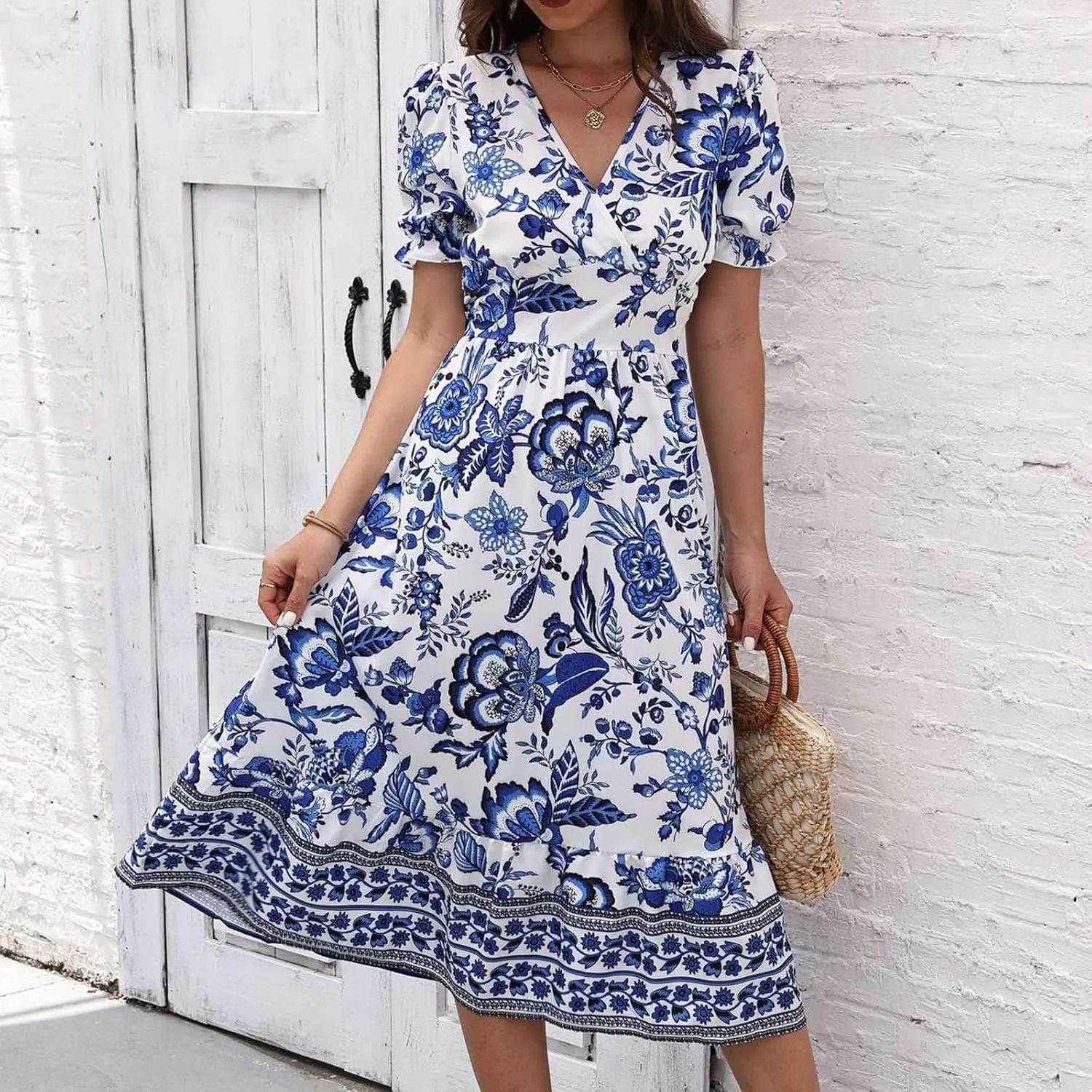 Vintage Floral Print Beach Dress for Women Summer Casual V Neck Puff Sleeve Flowy Hem Going Out A-Line Dresses