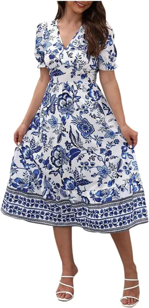 Vintage Floral Print Beach Dress for Women Summer Casual V Neck Puff Sleeve Flowy Hem Going Out A-Line Dresses