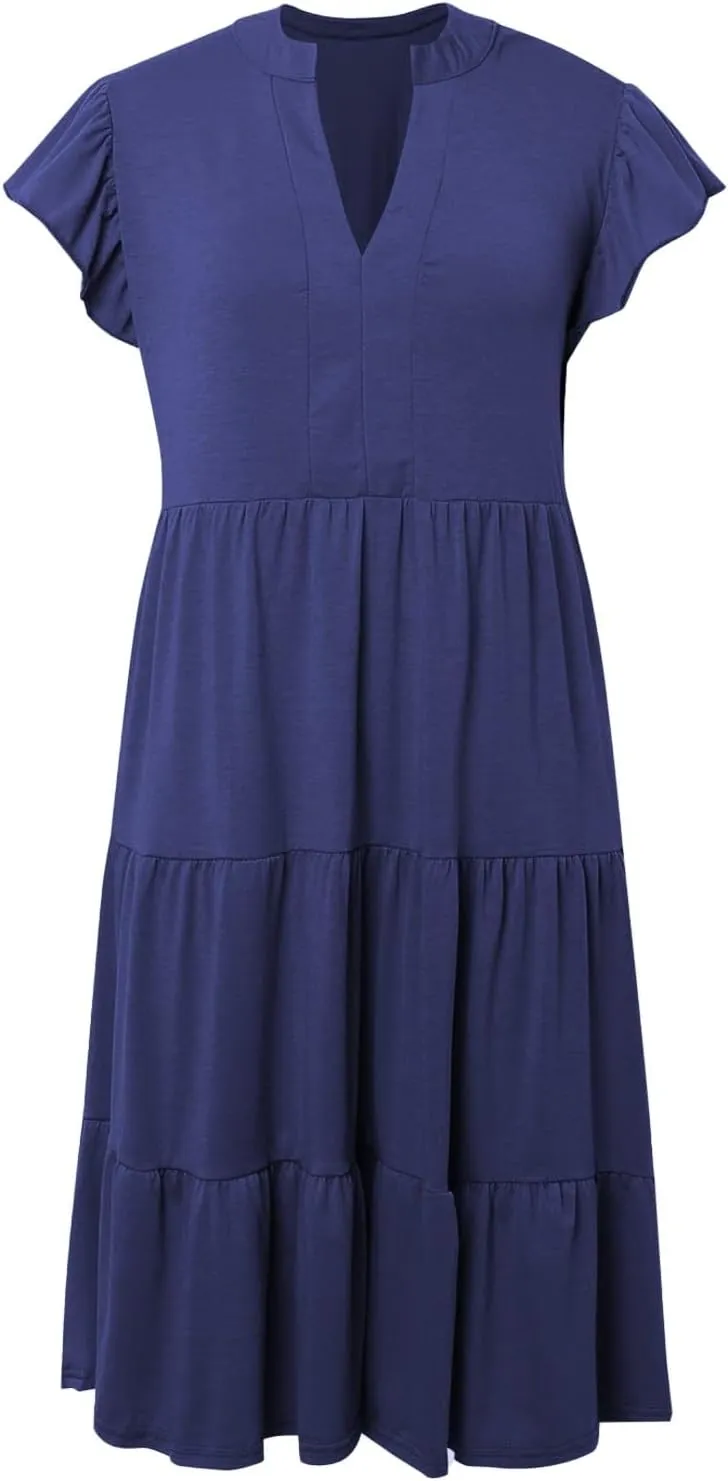 Wedding Guest Dresses for Women 2025 Flowy A Line Cap Ruffle Sleeve V Neck Flowy Tiered Casual Midi Sundress