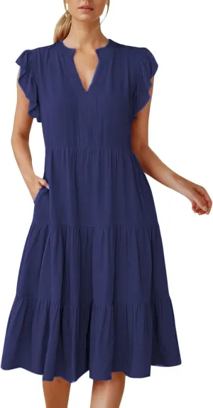 Wedding Guest Dresses for Women 2025 Flowy A Line Cap Ruffle Sleeve V Neck Flowy Tiered Casual Midi Sundress
