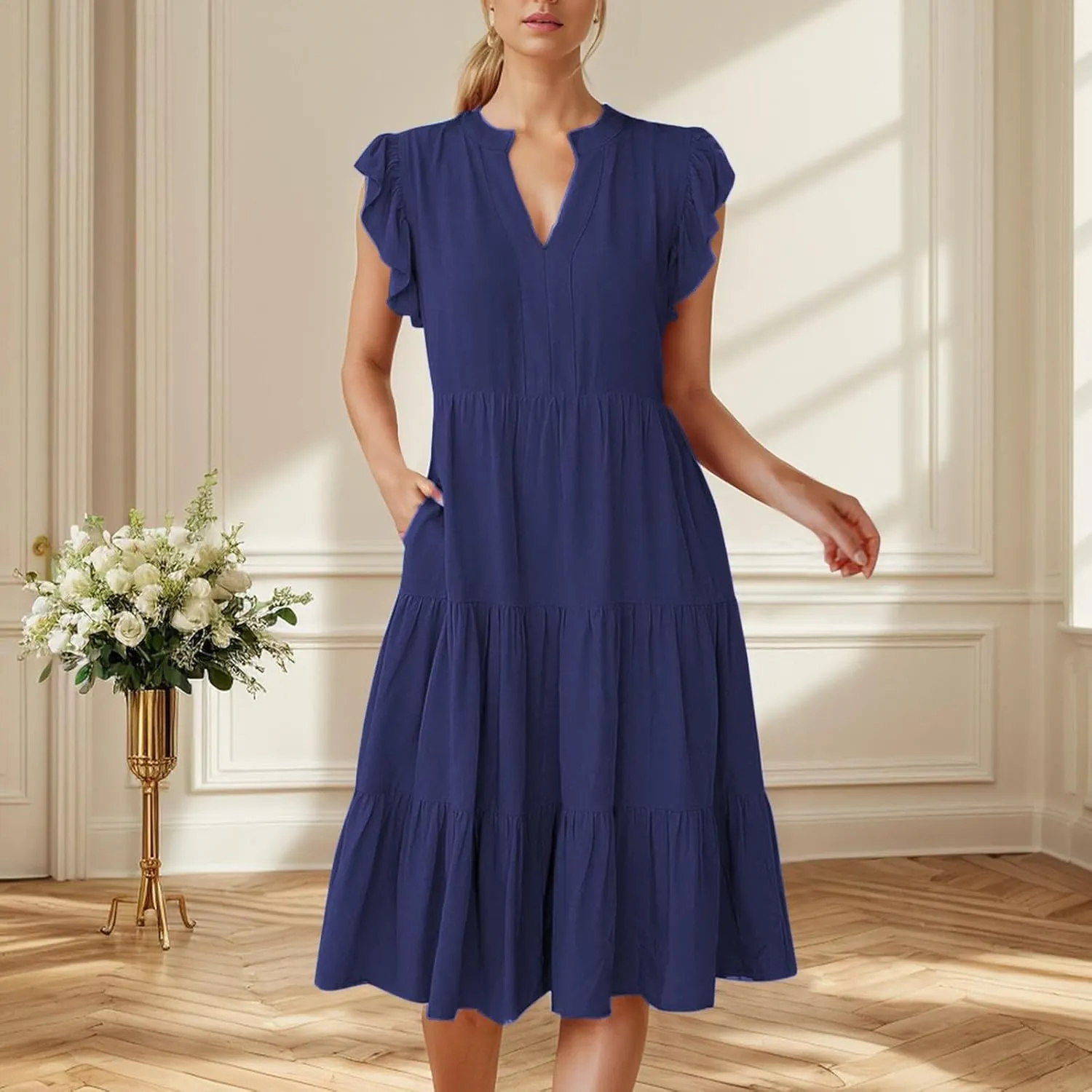 Wedding Guest Dresses for Women 2025 Flowy A Line Cap Ruffle Sleeve V Neck Flowy Tiered Casual Midi Sundress