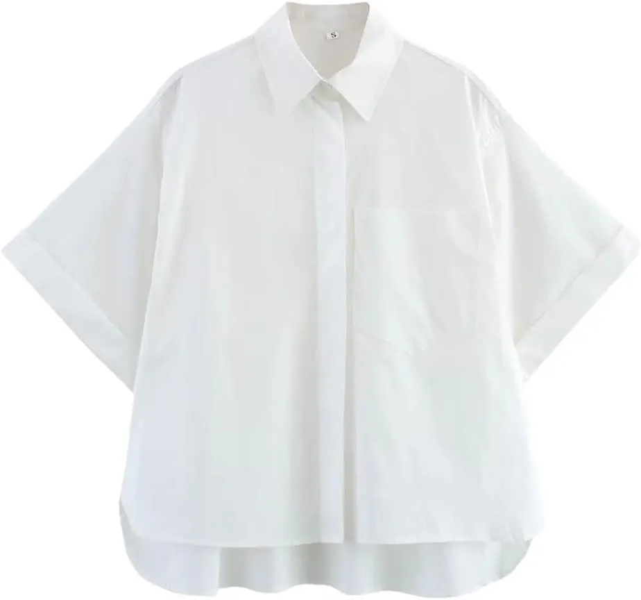 Woman Pocket Embellished Poplin Shirt Slim Short Sleeve Single Breasted Blouses
