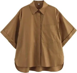 Woman Pocket Embellished Poplin Shirt Slim Short Sleeve Single Breasted Blouses