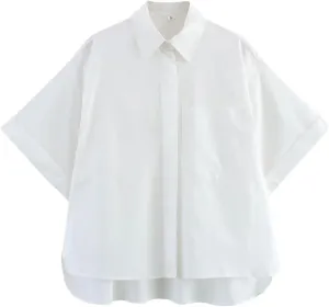 Woman Pocket Embellished Poplin Shirt Slim Short Sleeve Single Breasted Blouses