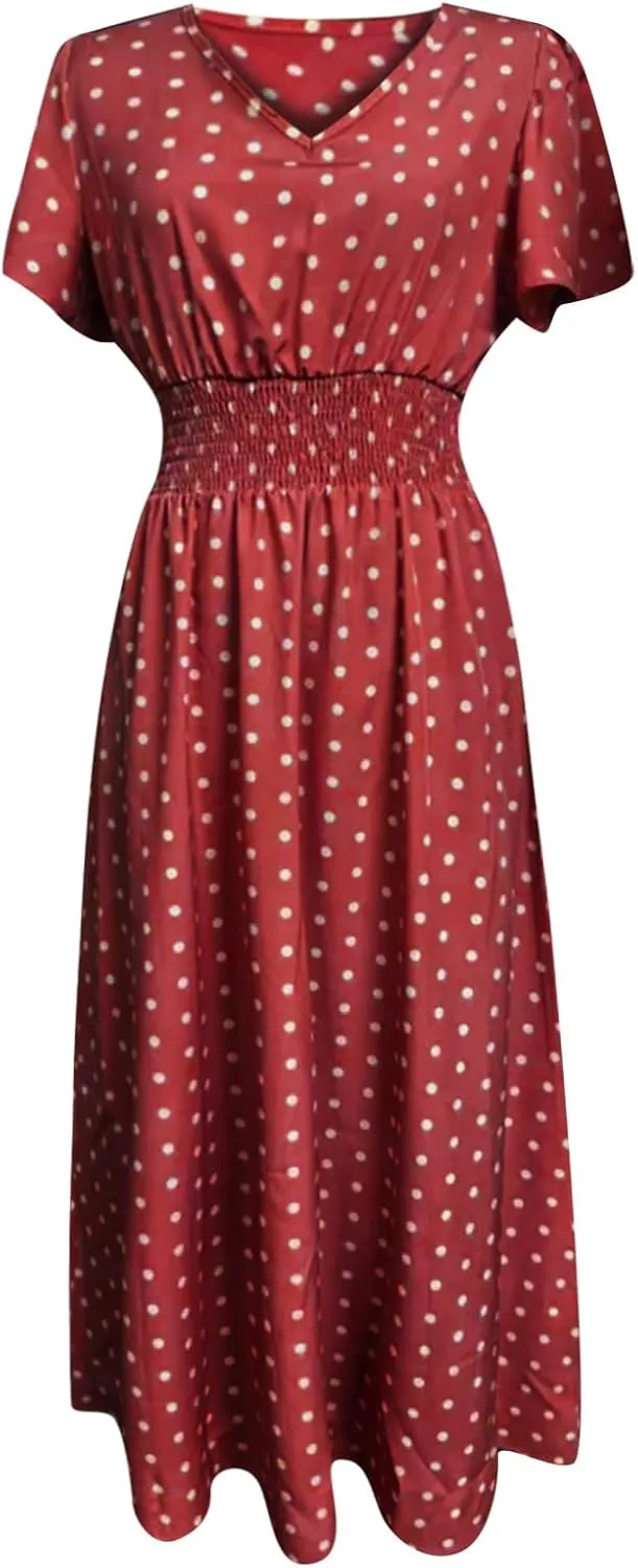 Women Boho Midi Dress Short Sleeve V Neck Swiss Dot High Waited A-Line Ruffle Tiered Summer Long Dresses