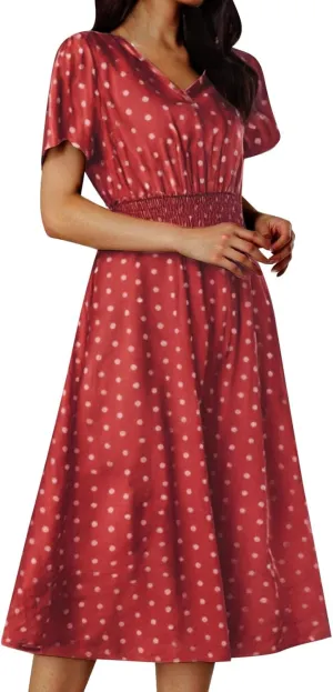 Women Boho Midi Dress Short Sleeve V Neck Swiss Dot High Waited A-Line Ruffle Tiered Summer Long Dresses