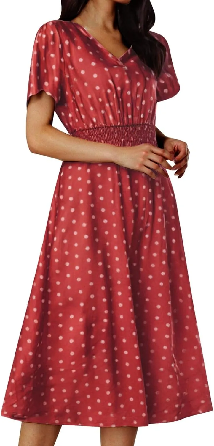 Women Boho Midi Dress Short Sleeve V Neck Swiss Dot High Waited A-Line Ruffle Tiered Summer Long Dresses