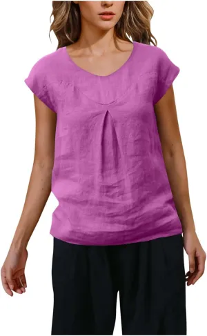 Women Cap Sleeve Cotton Linen T Shirts Summer Fashion Cute Crewneck Tee Tops Casual Loose Peasant Solid Blouse for Going Out