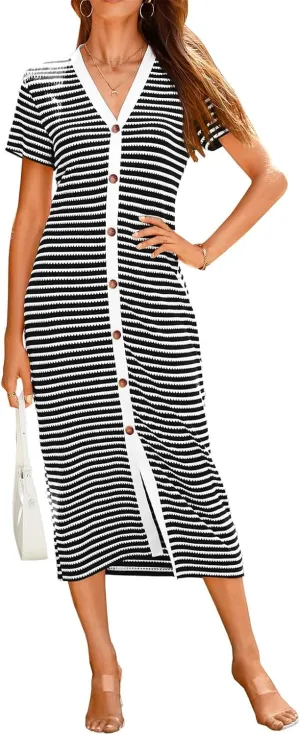 Women Casual Summer Dresses Button Striped Short Sleeve Midi Dresses V Neck Ribbed Knit Dresses Party Dress