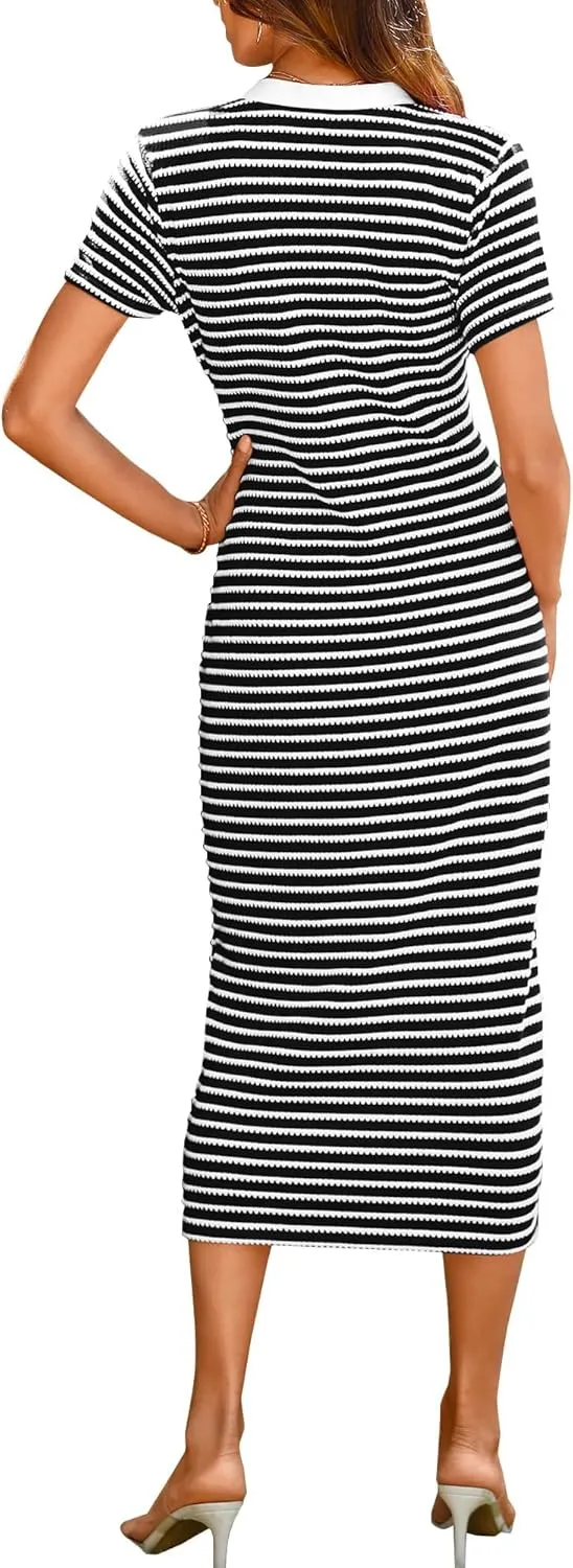 Women Casual Summer Dresses Button Striped Short Sleeve Midi Dresses V Neck Ribbed Knit Dresses Party Dress