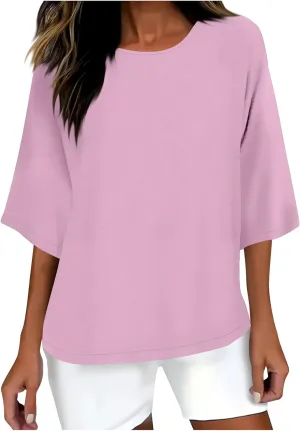 Women Cotton Linen Shirts 3/4 Sleeve Crew Neck Tshirt Casual Plus Size Solid Color Tops Summer Holiday Clothes