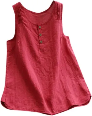 Women Linen Tank Top Button Down Crew Neck Wide Strap Loose Fit Tshirts Casual Vintage Going Out Summer Blouses