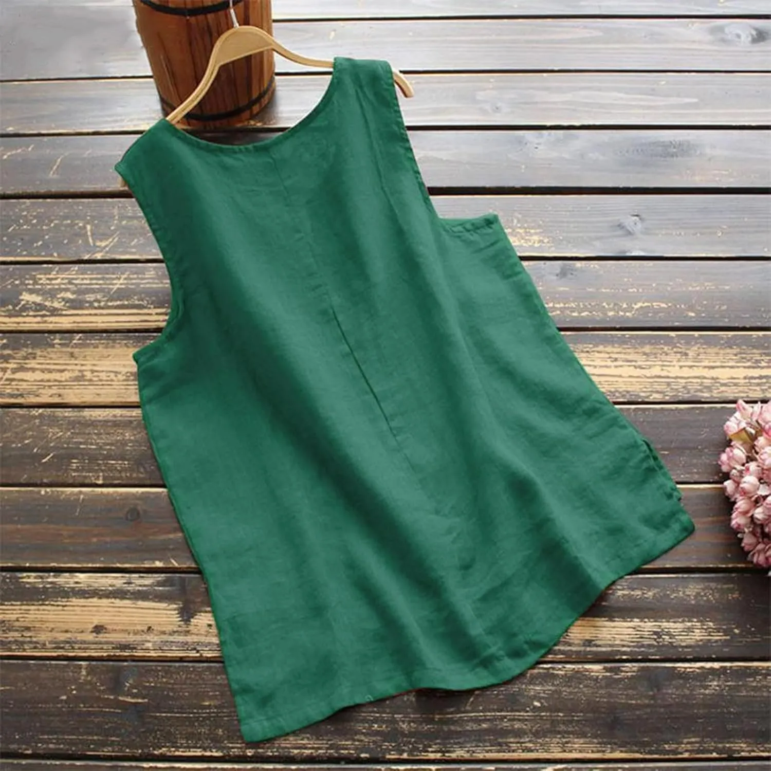Women Linen Tank Top Button Down Crew Neck Wide Strap Loose Fit Tshirts Casual Vintage Going Out Summer Blouses